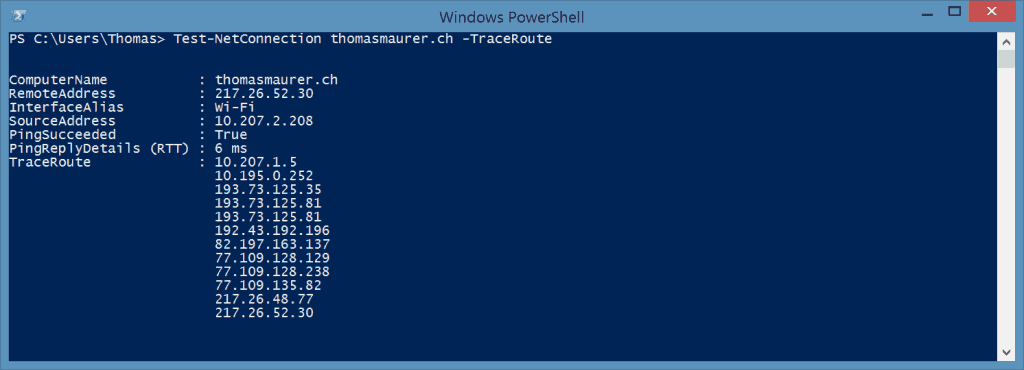 Test-NetConnection PowerShell Traceroute