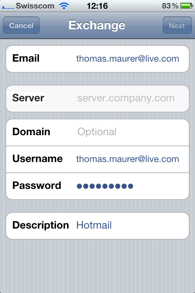 Use Hotmail as a Exchange Account on iPhone -