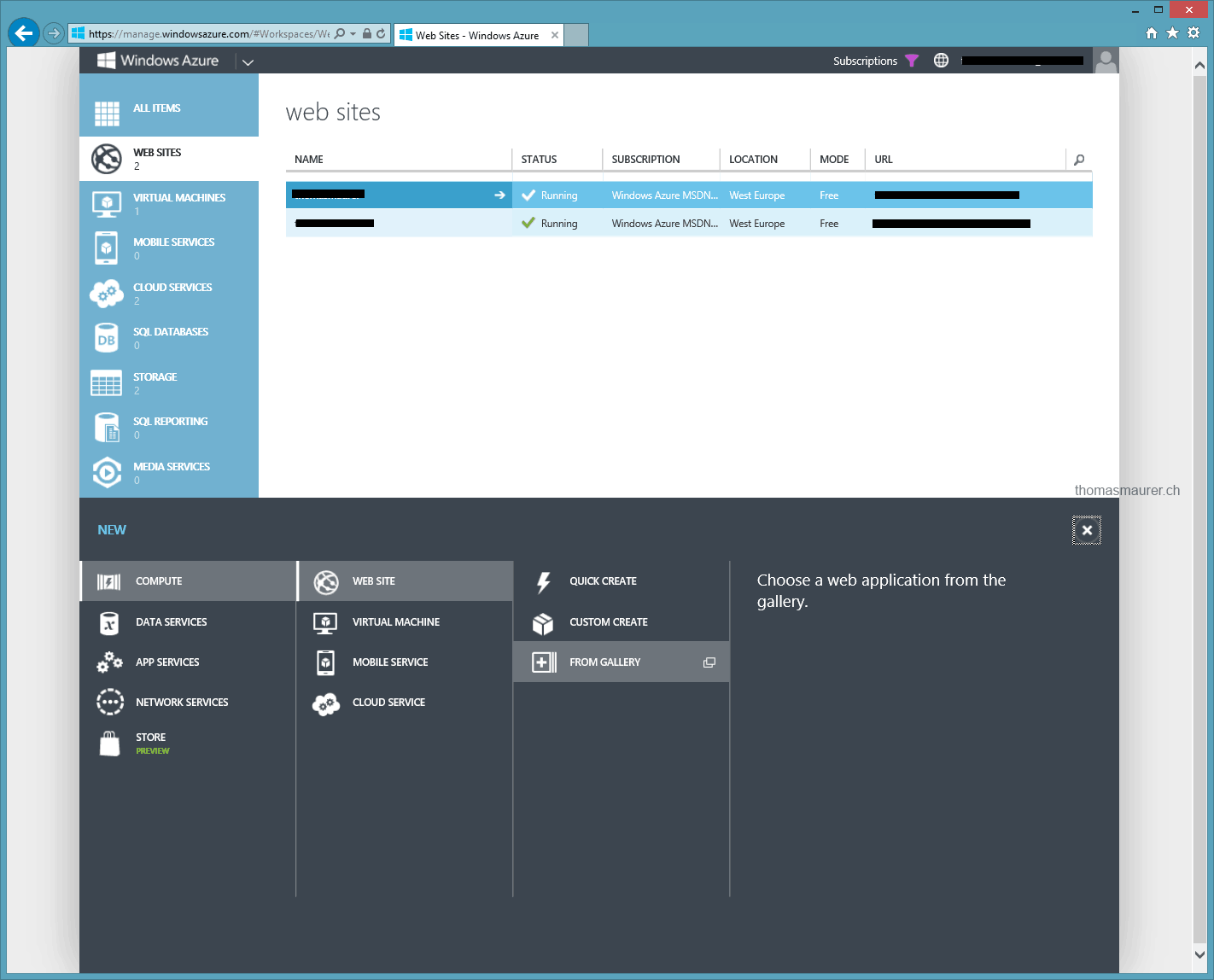 Windows Azure Website from Gallery