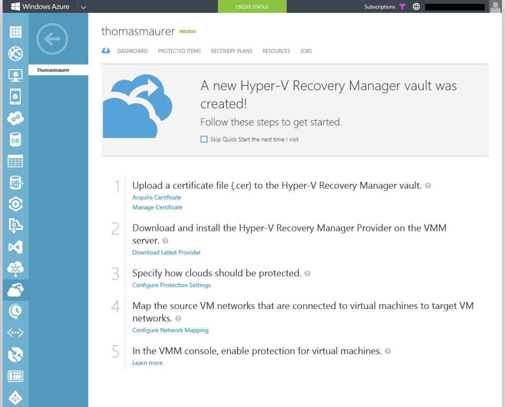 Windows Azure Portal Hyper-V Recovery Manager