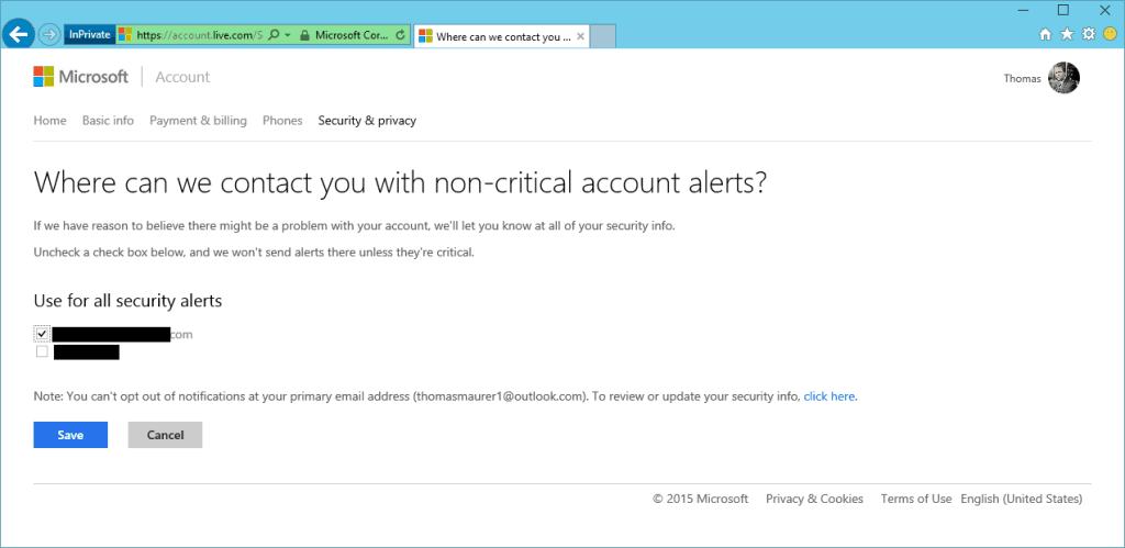 Microsoft Account Security Info Notifications
