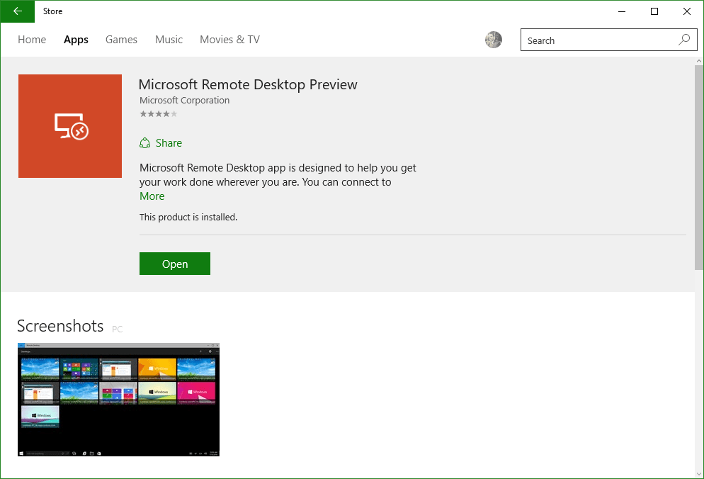 Microsoft Remote Desktop Preview App for Windows 10