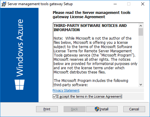 Azure Remote Server Management Gateway Installer
