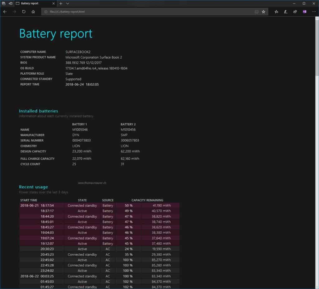 Windows 10 Battery Report