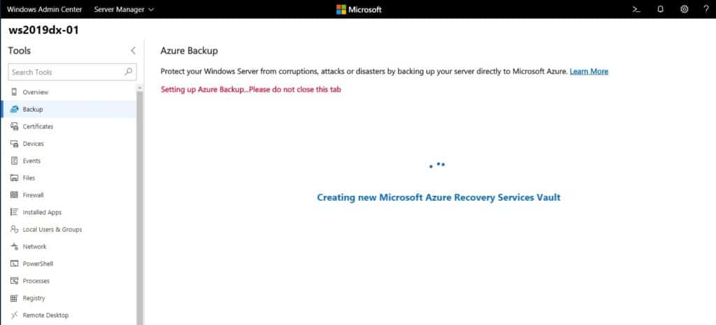 Windows Admin Center Setting up Azure Backup