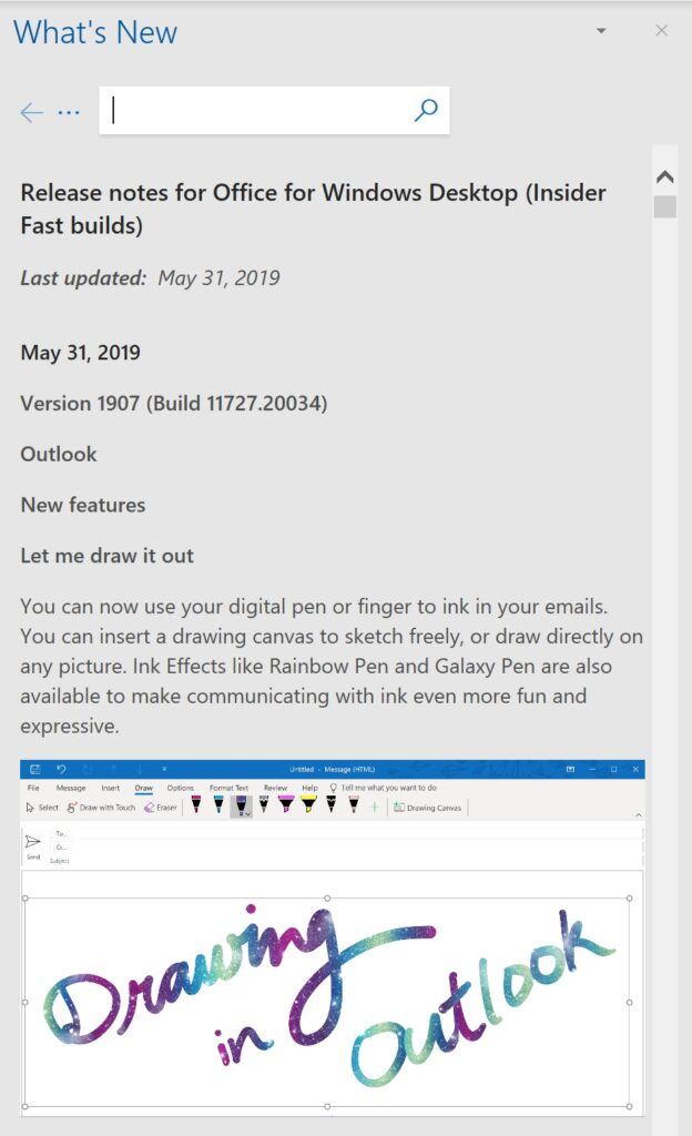 Office Insider Release Notes Drawing in Outlook