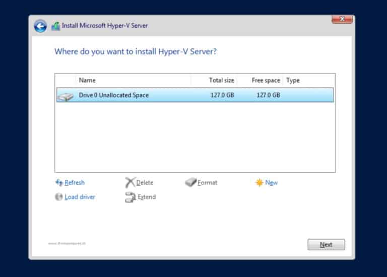 Select Drive to Install Hyper-V Server