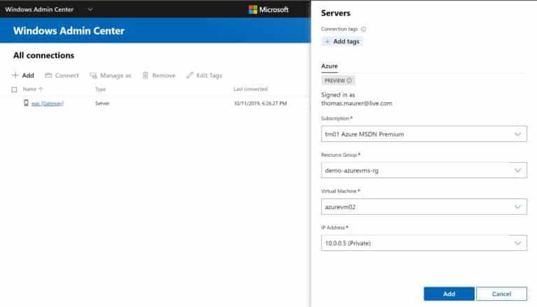 Add Azure VM in Windows Admin Center