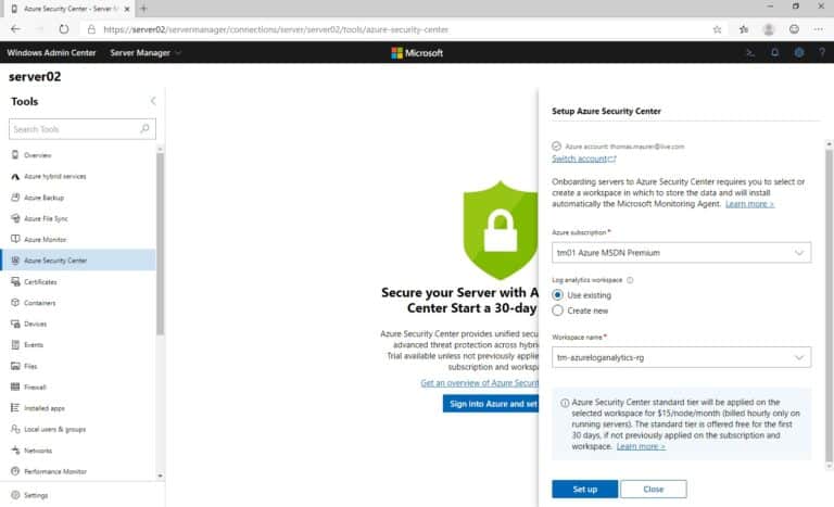 Onboard Server to Azure Security Center with Windows Admin Center