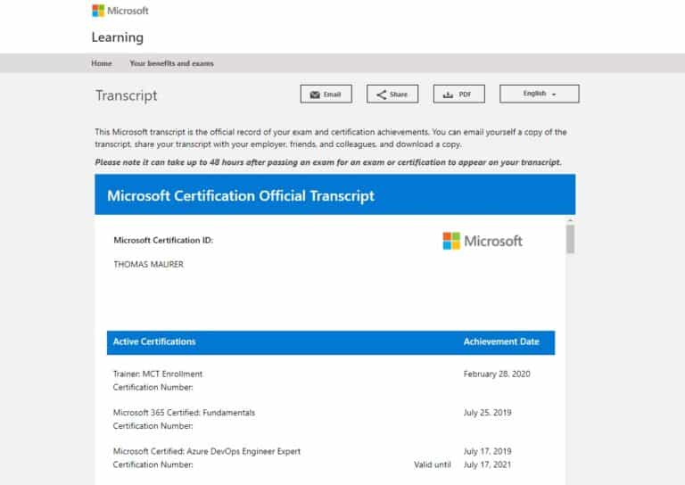 Microsoft Certification Transcript