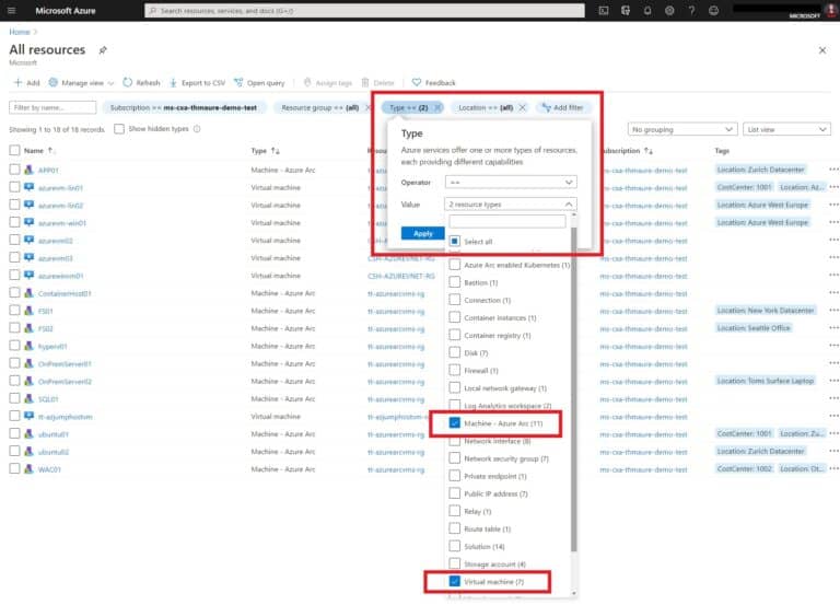 Filter for Azure VMs and Azure Arc Machines