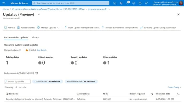 Azure VM Windows Server Hotpatch Update Overview