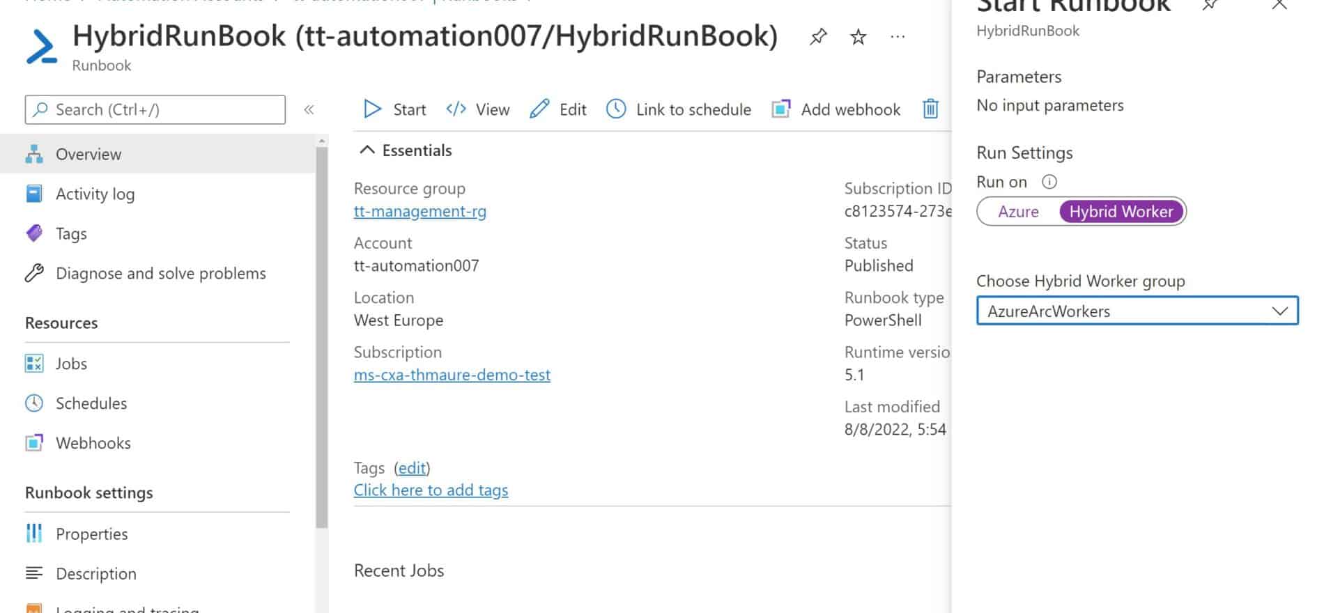 Start PowerShell Script Runbook on Hybrid Worker with Azure Arc