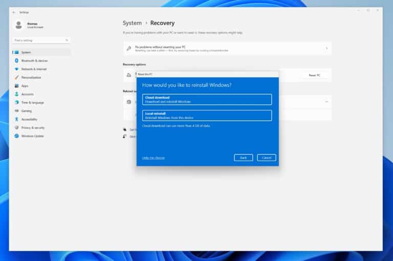 Reset and Reinstall Windows 11 using Cloud download