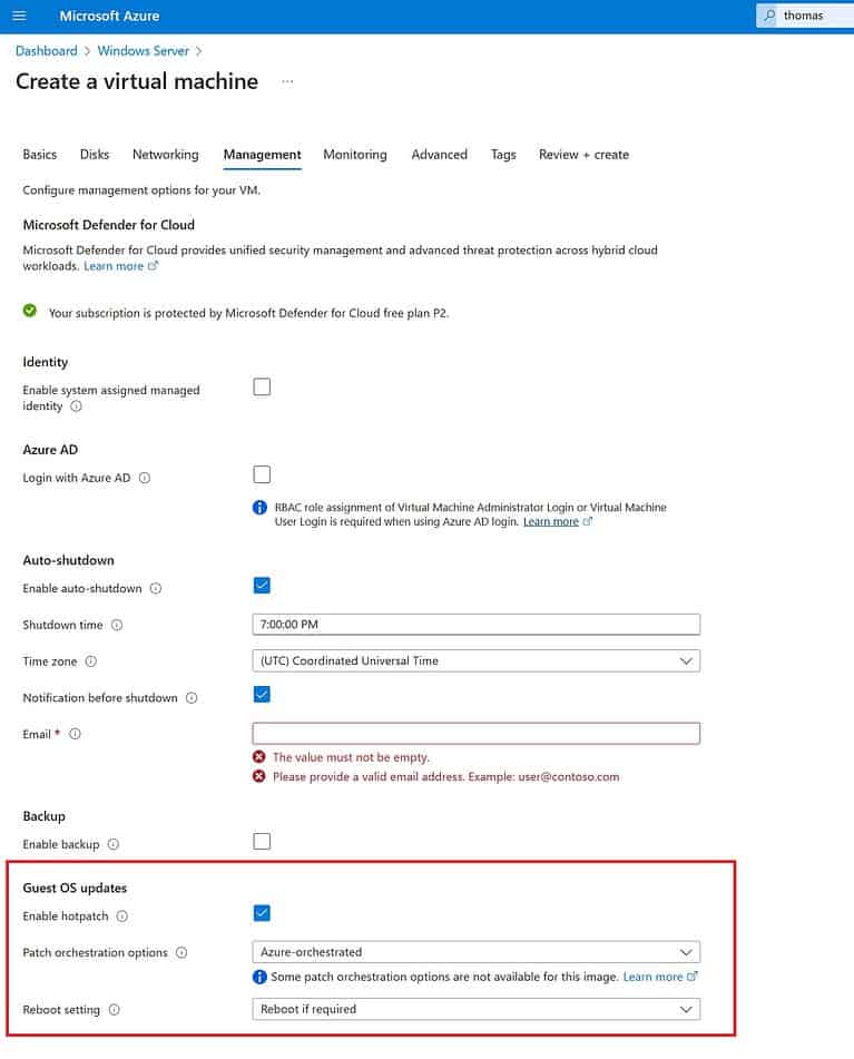 Guest OS updates settings Azure VM to enable Hotpach